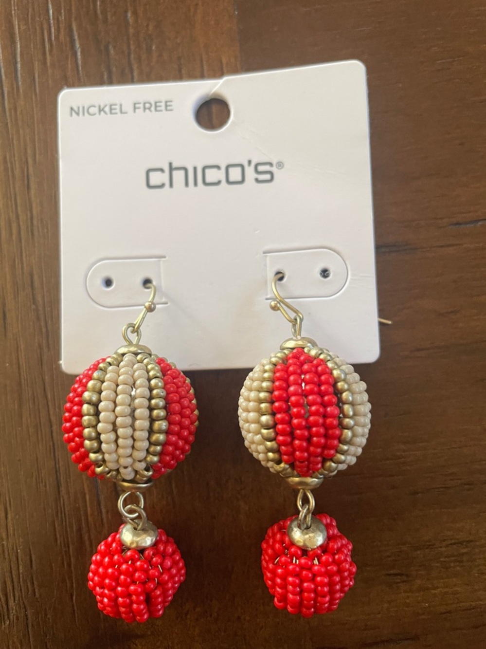 Chico's Red Light Beige Gold Beaded Drop Earrings